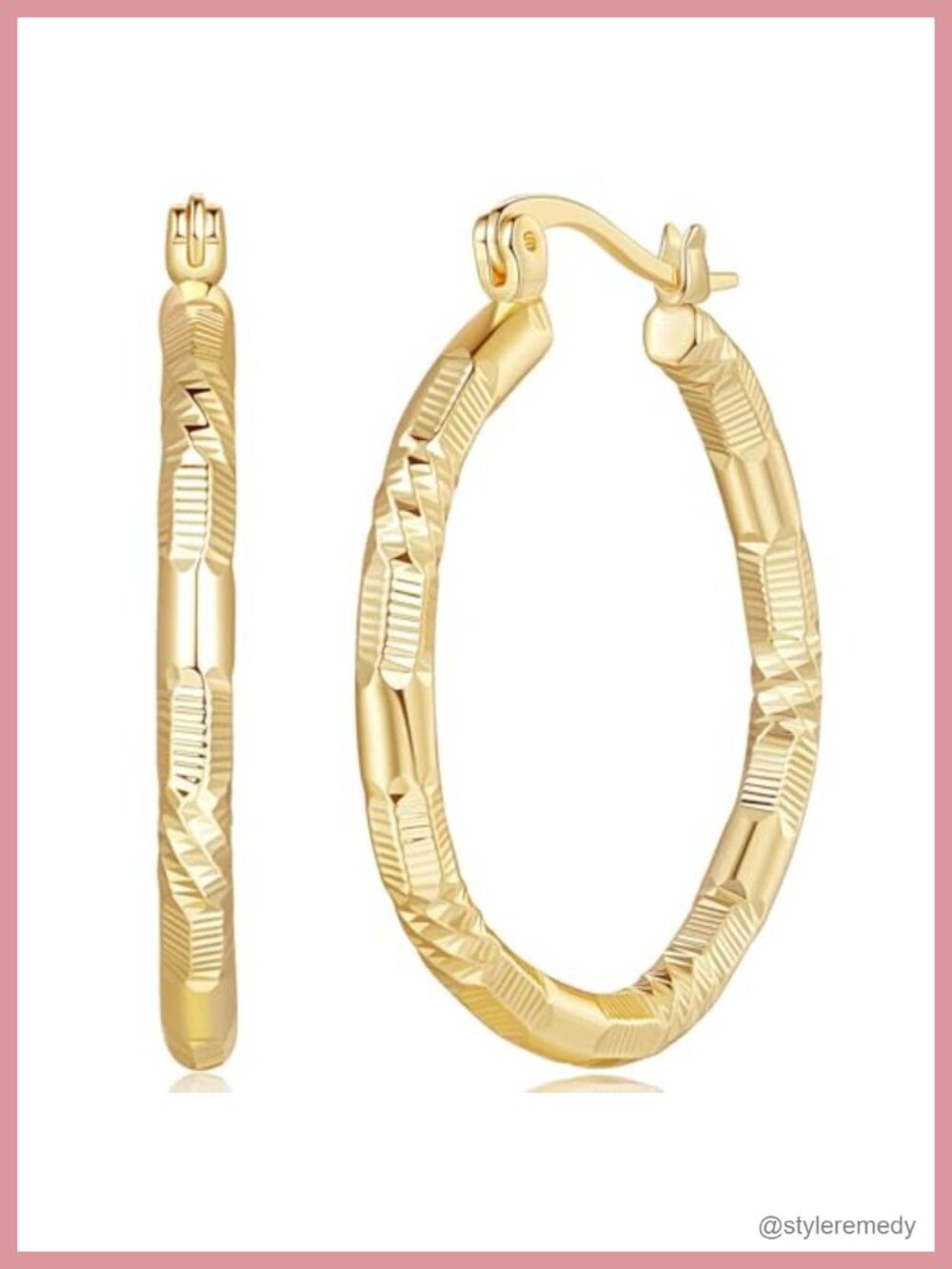 14k Gold Hoop Earrings Large V-Shaped Engraved 30MM Latch Back